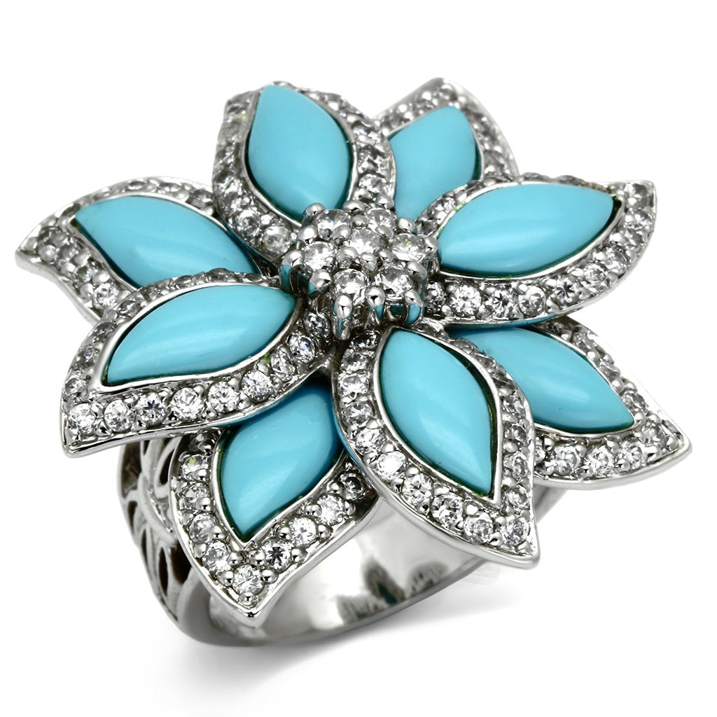 MALOS557 - Rhodium 925 Sterling Silver Ring with Synthetic Turquoise in Sea Blue