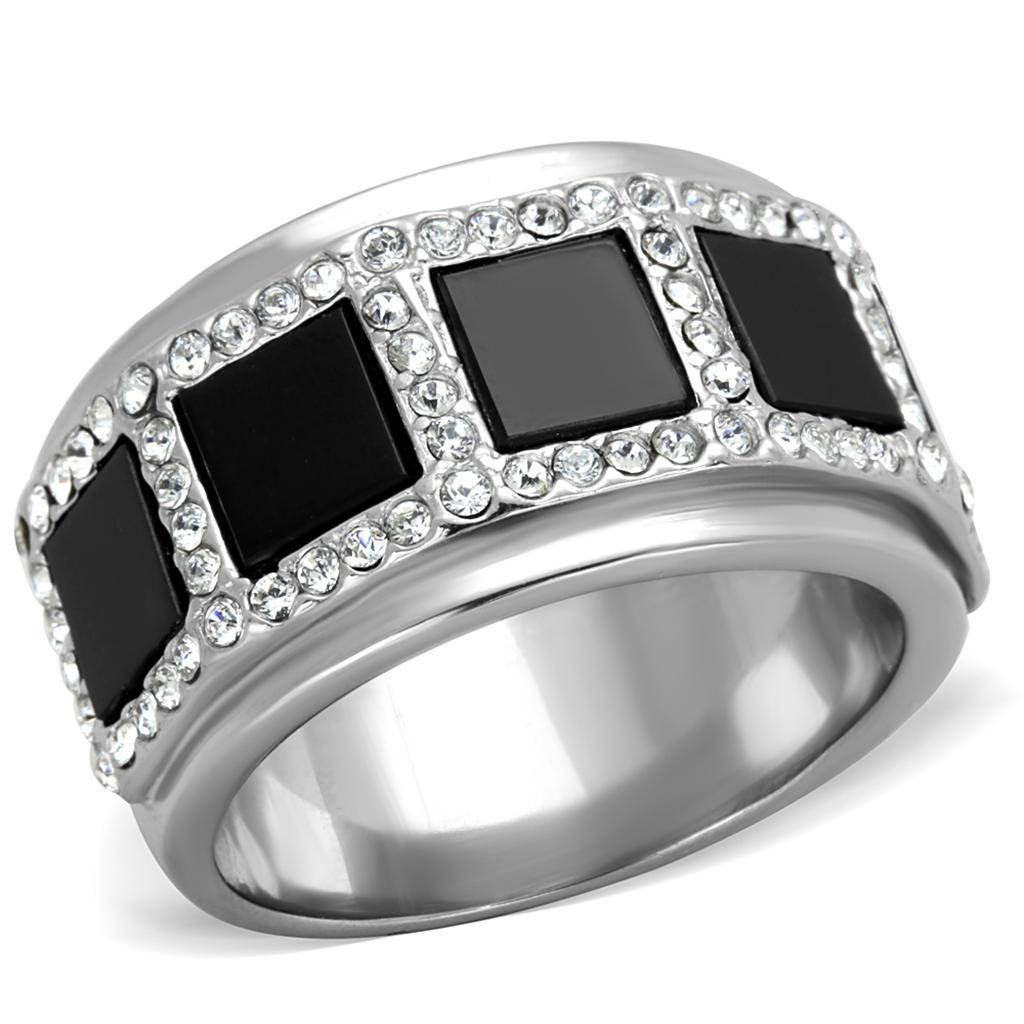 MATK2067 - High polished (no plating) Stainless Steel Ring with Synthetic Onyx in Jet