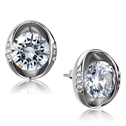 MATK2149 - High polished (no plating) Stainless Steel Earrings with AAA Grade CZ in Clear