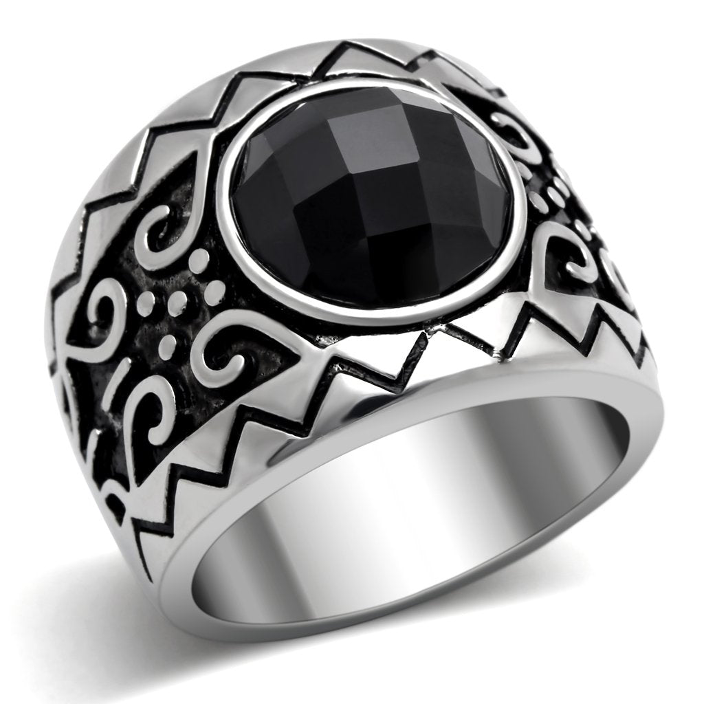 MATK303 - High polished (no plating) Stainless Steel Ring with AAA Grade CZ in Jet