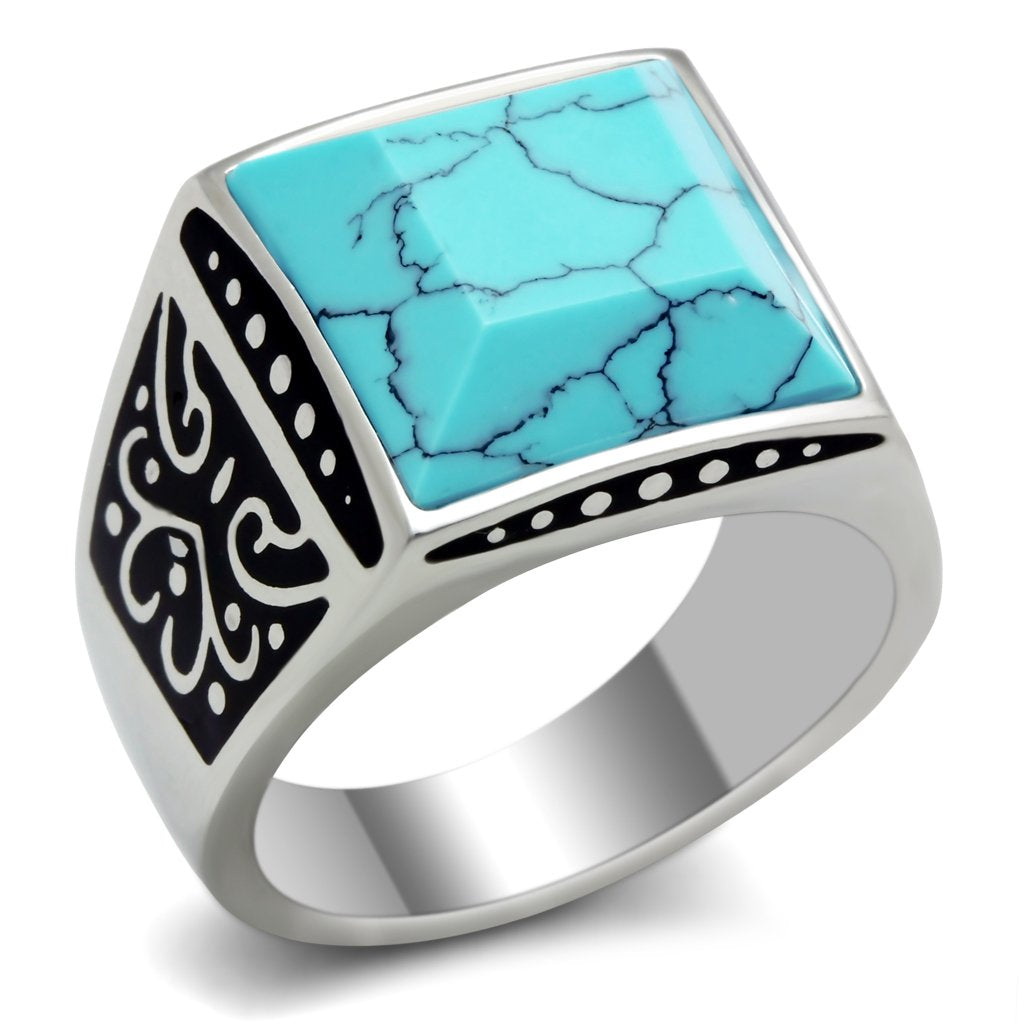 MATK304 - High polished (no plating) Stainless Steel Ring with Synthetic Turquoise in Sea Blue