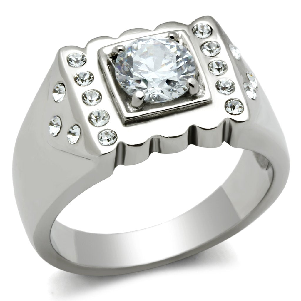 MATK315 - High polished (no plating) Stainless Steel Ring with AAA Grade CZ in Clear