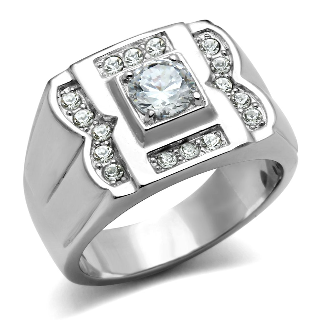 MATK318 - High polished (no plating) Stainless Steel Ring with AAA Grade CZ in Clear