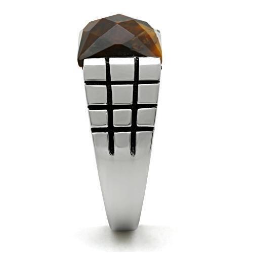 MATK324 - High polished (no plating) Stainless Steel Ring with Semi-Precious Tiger Eye in Smoked Quartz