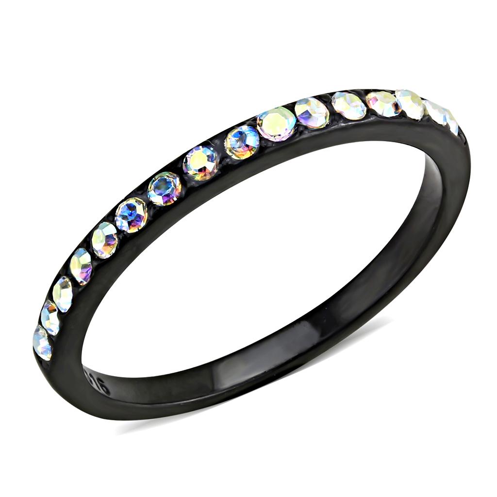 MATK3556 - IP Black(Ion Plating) Stainless Steel Ring with Top Grade Crystal in Aurora Borealis (Rainbow Effect)