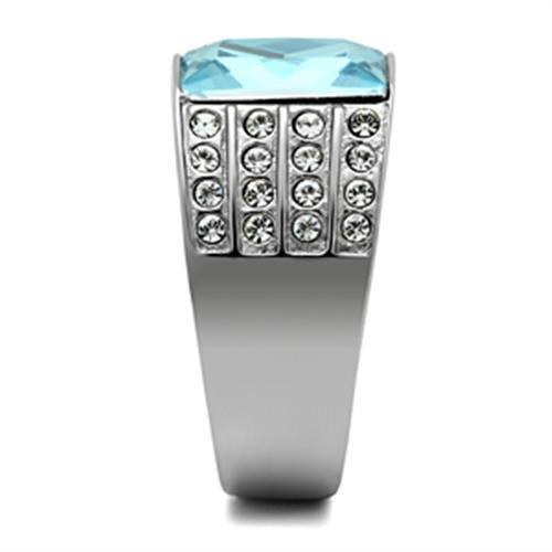 MATK394 - High polished (no plating) Stainless Steel Ring with Synthetic Synthetic Glass in Sea Blue