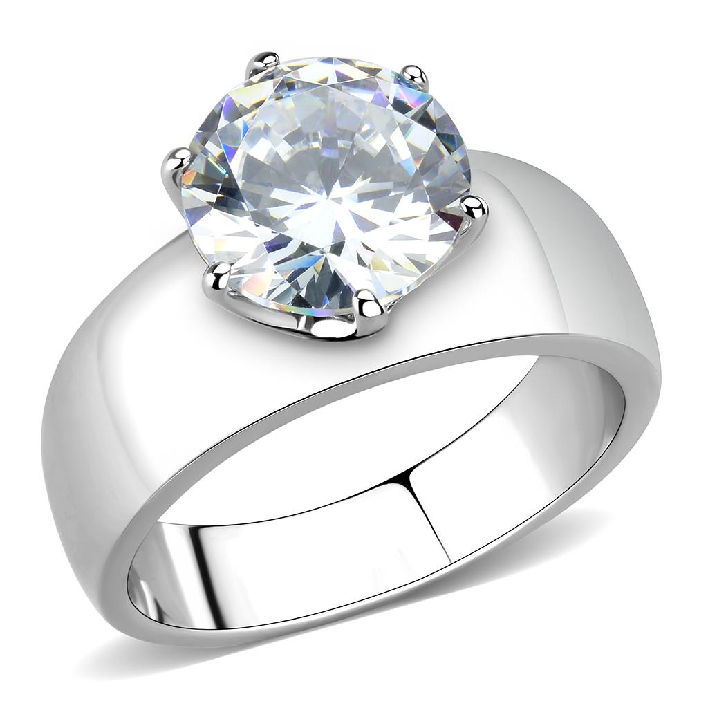 MATK52004 - High polished (no plating) Stainless Steel Ring with AAA Grade CZ in Clear