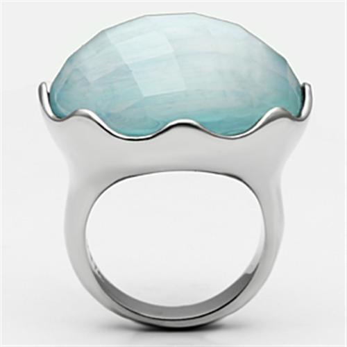 MATK637 - High polished (no plating) Stainless Steel Ring with Synthetic Synthetic Glass in Sea Blue