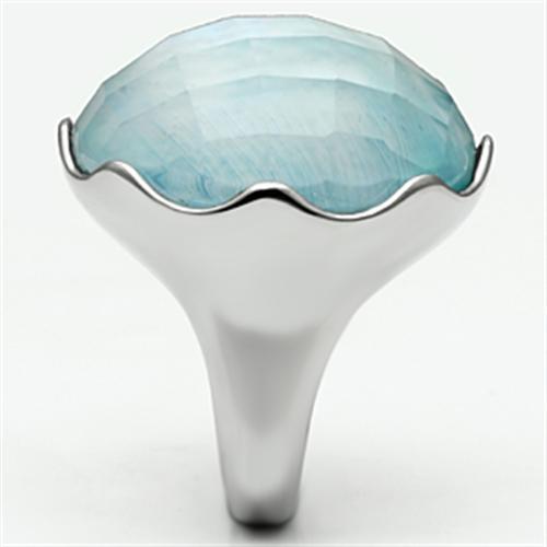 MATK637 - High polished (no plating) Stainless Steel Ring with Synthetic Synthetic Glass in Sea Blue