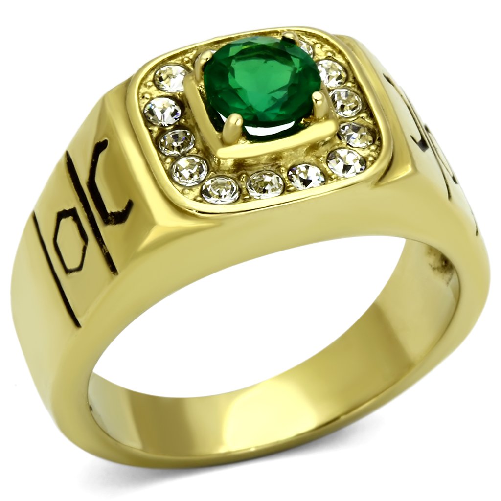 MATK764 - IP Gold(Ion Plating) Stainless Steel Ring with Synthetic Synthetic Glass in Emerald
