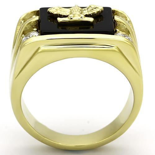 MATK793 - IP Gold(Ion Plating) Stainless Steel Ring with Semi-Precious Agate in Jet
