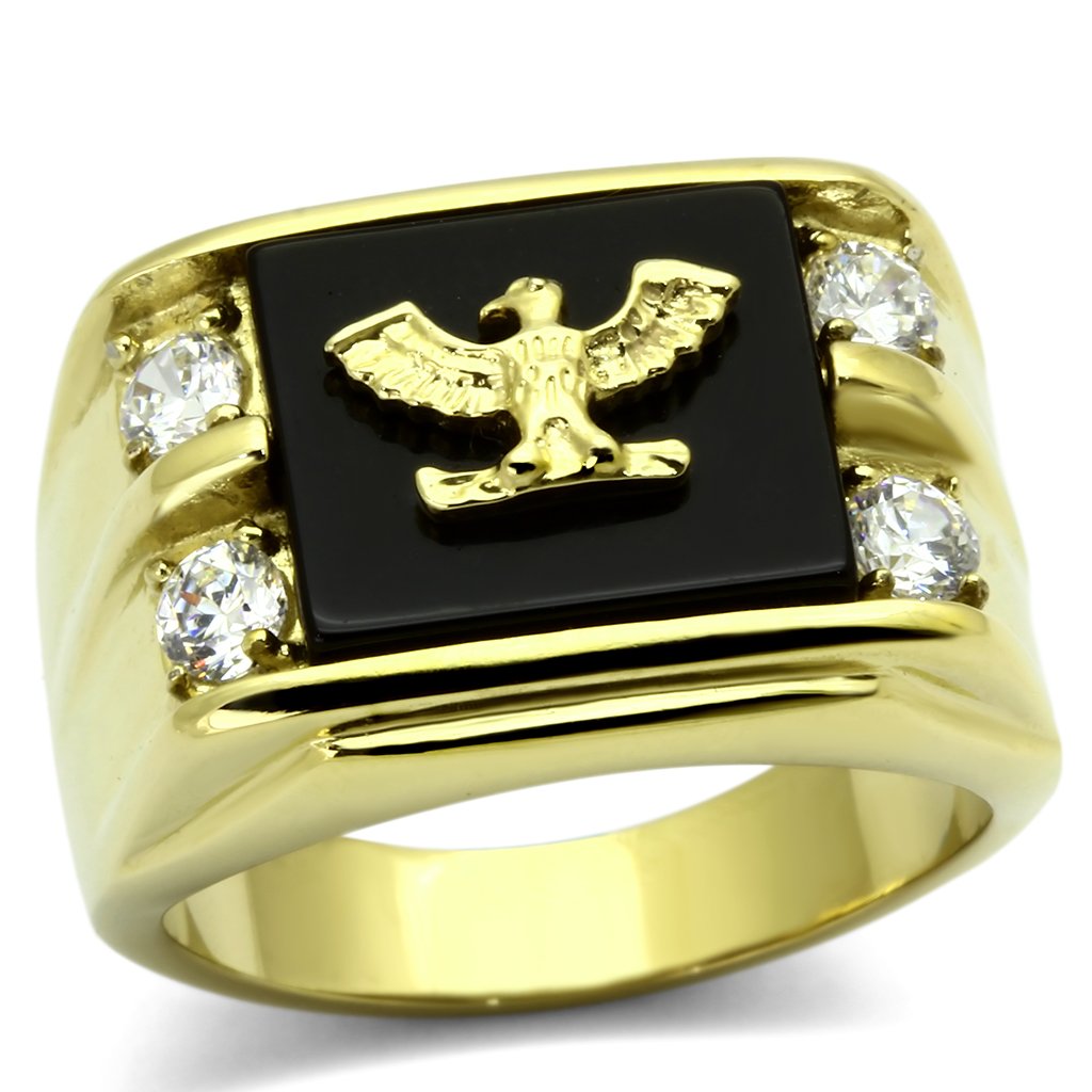 MATK793 - IP Gold(Ion Plating) Stainless Steel Ring with Semi-Precious Agate in Jet