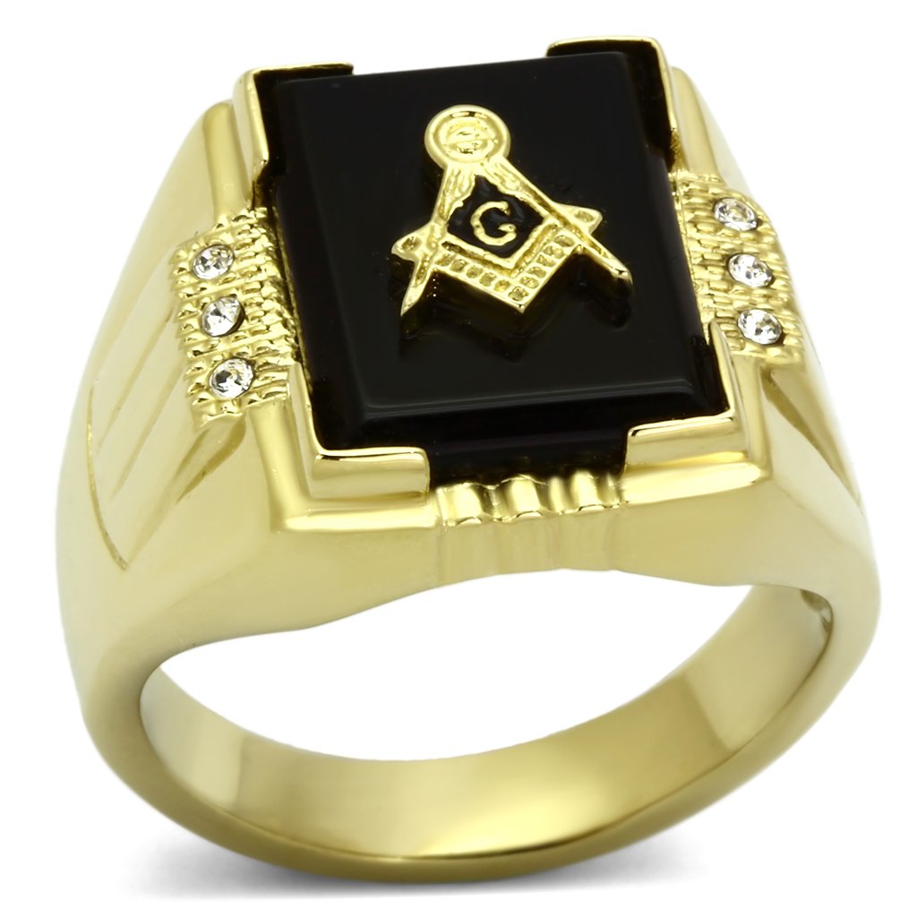 MATK795 - IP Gold(Ion Plating) Stainless Steel Ring with Semi-Precious Agate in Jet