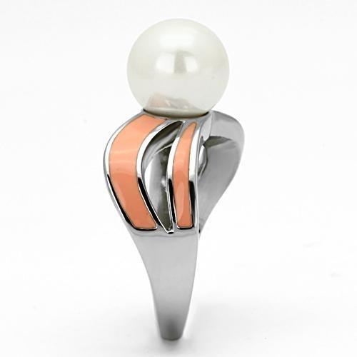 MATK810 - High polished (no plating) Stainless Steel Ring with Synthetic Pearl in White