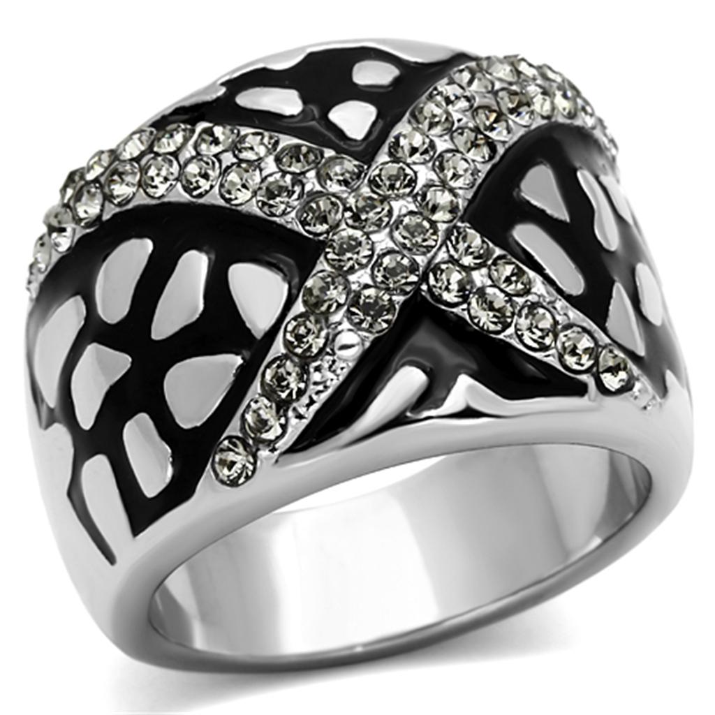 MATK921 - High polished (no plating) Stainless Steel Ring with Top Grade Crystal in Black Diamond