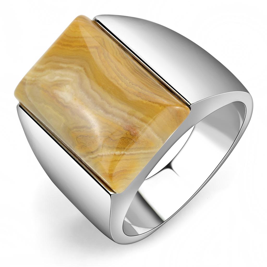 MATK947 - High polished (no plating) Stainless Steel Ring with Semi-Precious Agate in Brown