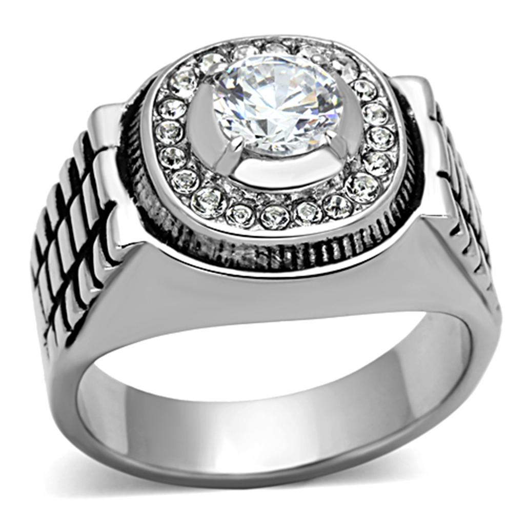 MATK948 - High polished (no plating) Stainless Steel Ring with AAA Grade CZ in Clear