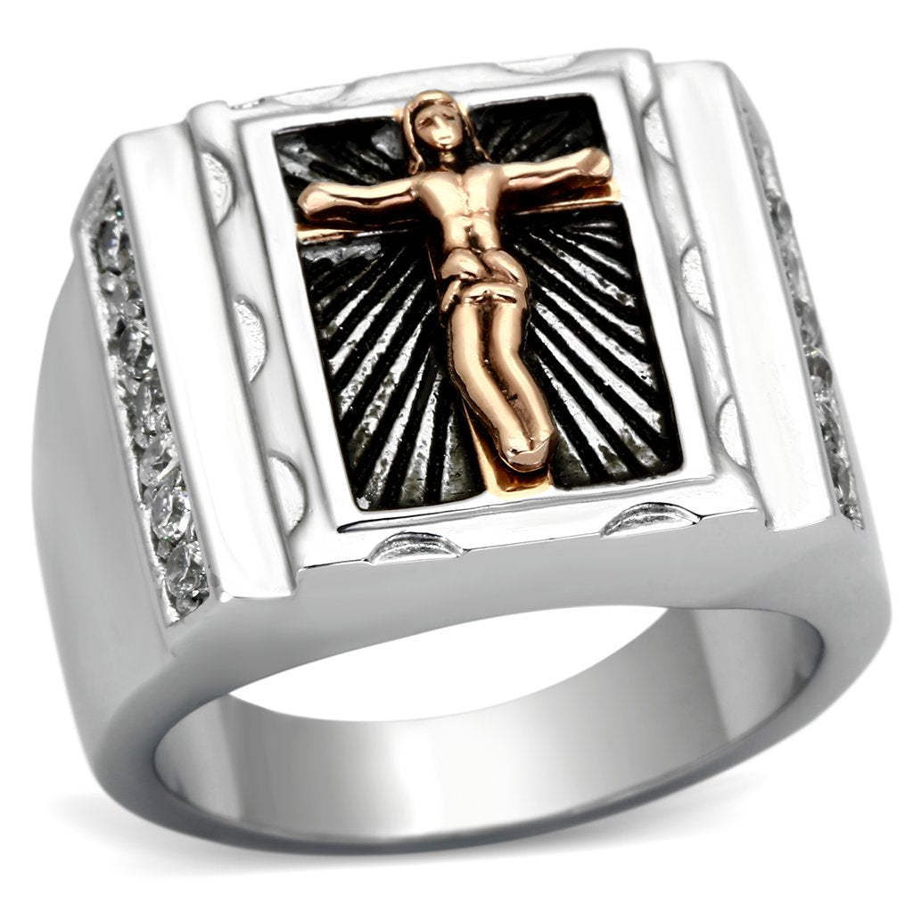 MATK951 - Two-Tone IP Rose Gold Stainless Steel Ring with AAA Grade CZ in Clear