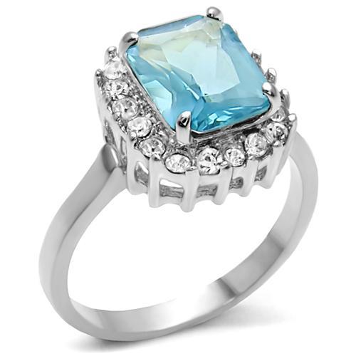 MATK9X041 - High polished (no plating) Stainless Steel Ring with Synthetic Synthetic Glass in Sea Blue