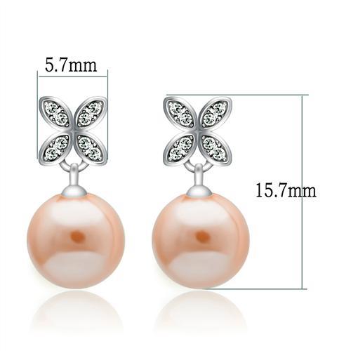 MATS040 - Rhodium 925 Sterling Silver Earrings with Synthetic Pearl in Light Rose