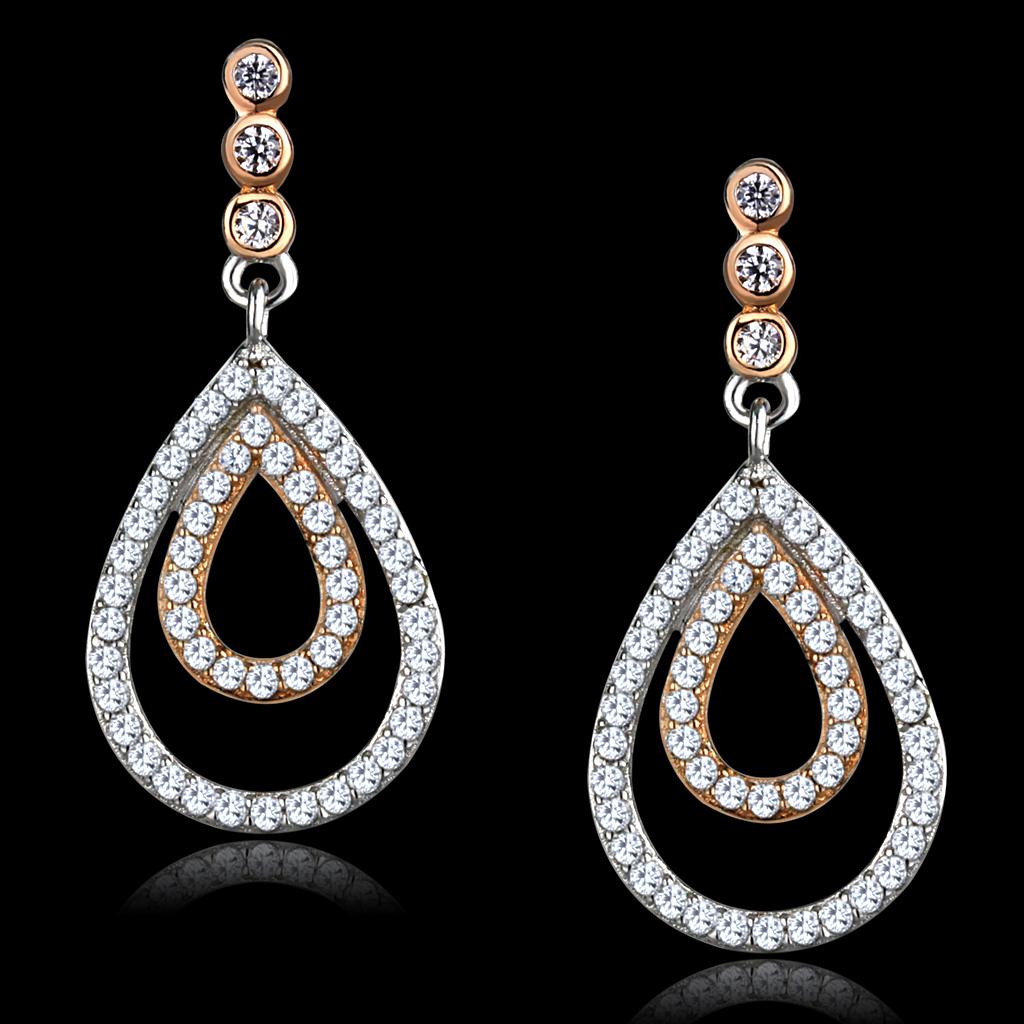 MATS548 - Rose Gold + Rhodium 925 Sterling Silver Earrings with AAA Grade CZ in Clear