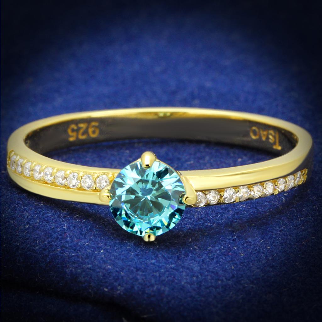 MATS561 - Gold 925 Sterling Silver Ring with AAA Grade CZ in Sea Blue