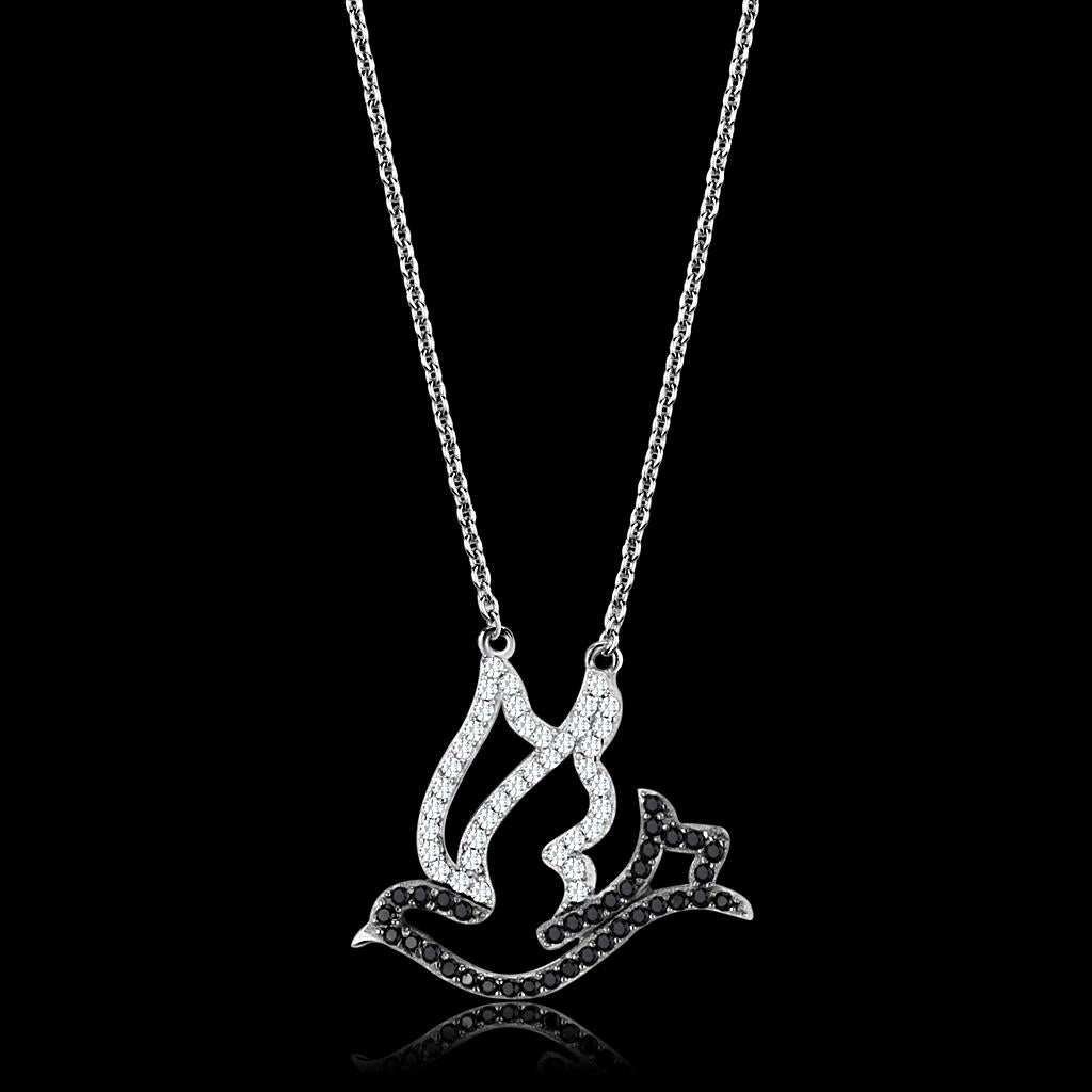 MATS563 - Rhodium + Ruthenium 925 Sterling Silver Chain Pendant with AAA Grade CZ in Clear