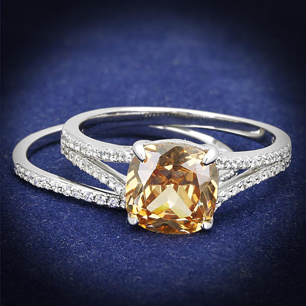 MATS604 - Rhodium 925 Sterling Silver Ring with AAA Grade CZ in Champagne
