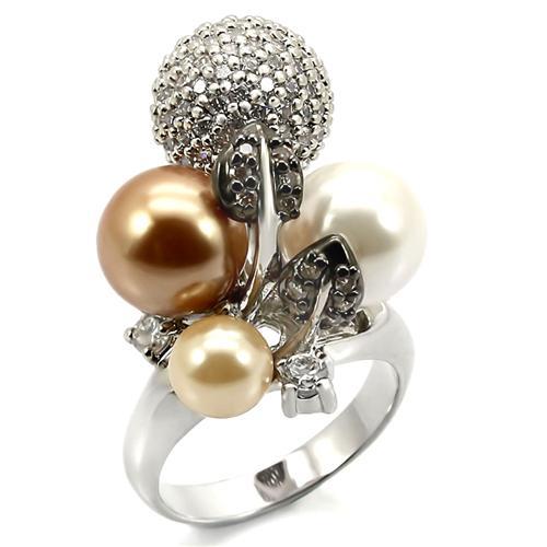 MA0W296 - Rhodium + Ruthenium Brass Ring with Synthetic Pearl in Multi Color