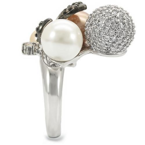 MA0W296 - Rhodium + Ruthenium Brass Ring with Synthetic Pearl in Multi Color