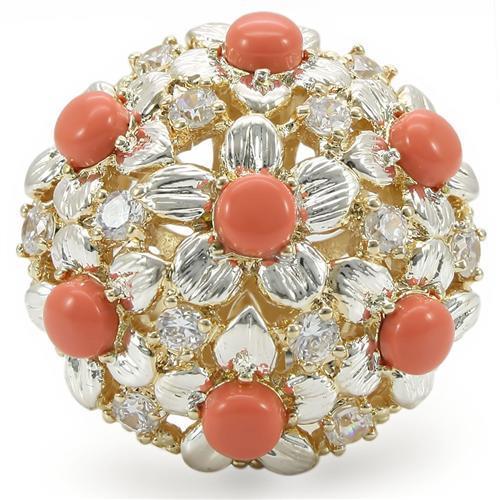 MA0W307 - Silver+Gold Brass Ring with Semi-Precious Coral in Orange
