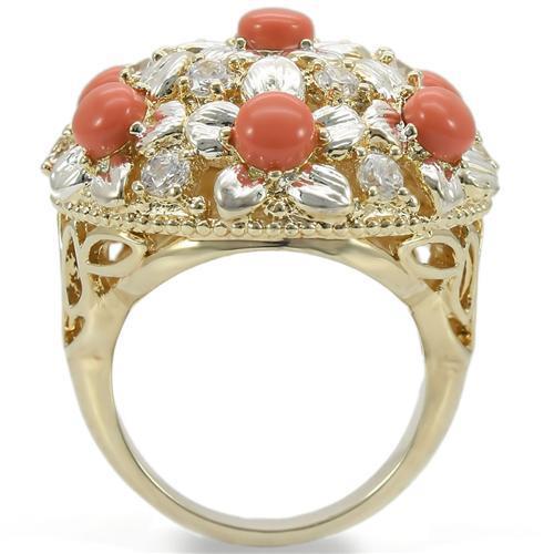MA0W307 - Silver+Gold Brass Ring with Semi-Precious Coral in Orange