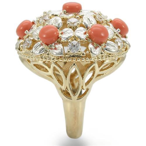 MA0W307 - Silver+Gold Brass Ring with Semi-Precious Coral in Orange