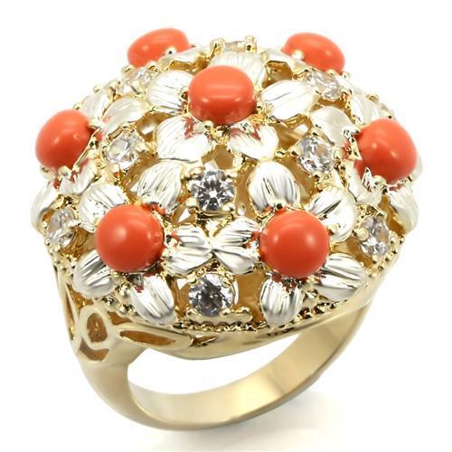 MA0W307 - Silver+Gold Brass Ring with Semi-Precious Coral in Orange