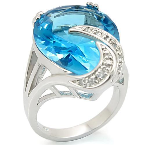 MA0W343 - Rhodium Brass Ring with Synthetic Synthetic Glass in Sea Blue