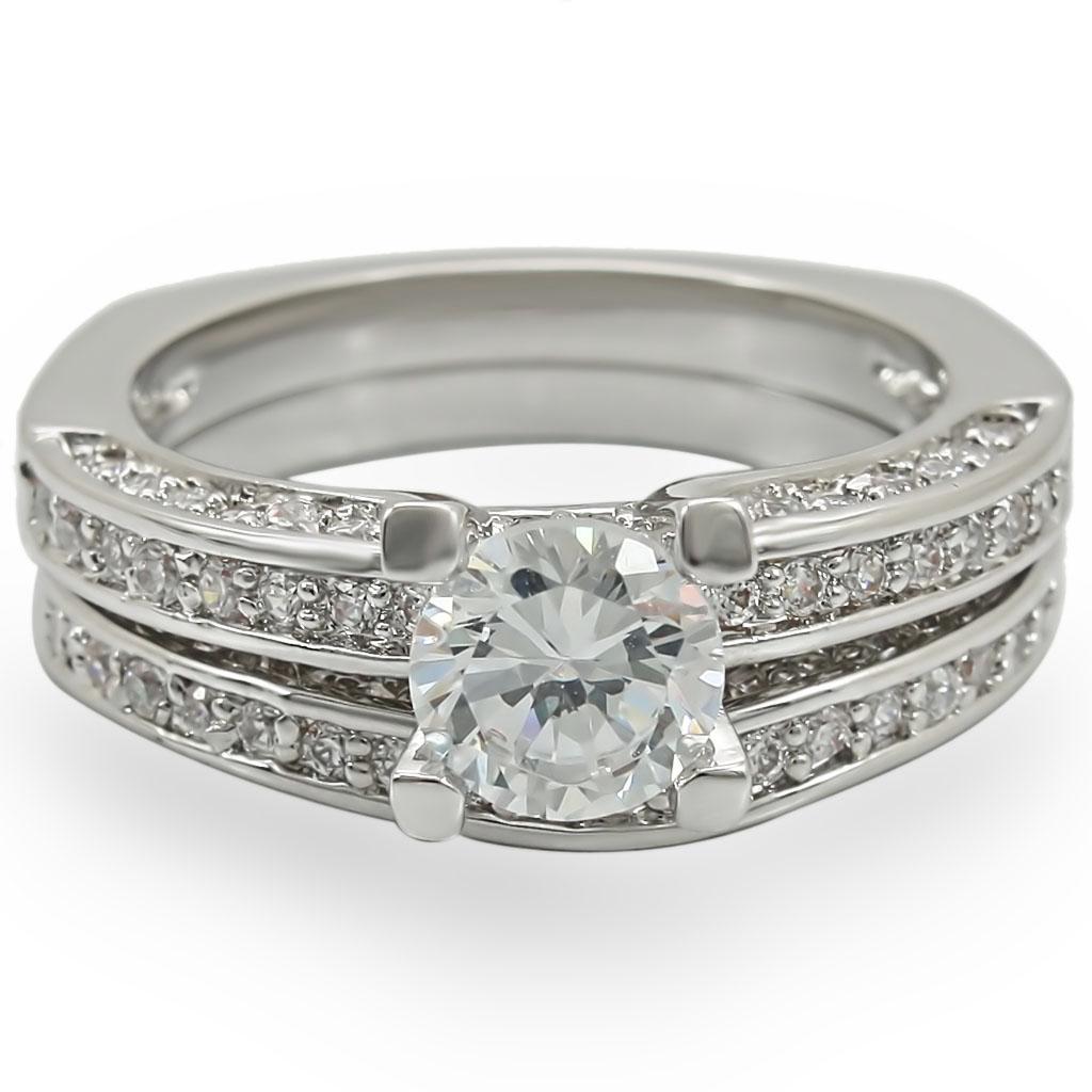 MA1W004 - Rhodium Brass Ring with AAA Grade CZ  in Clear