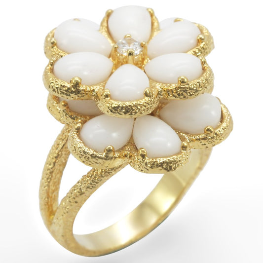 MA1W045 - Gold Brass Ring with Synthetic Synthetic Glass in White