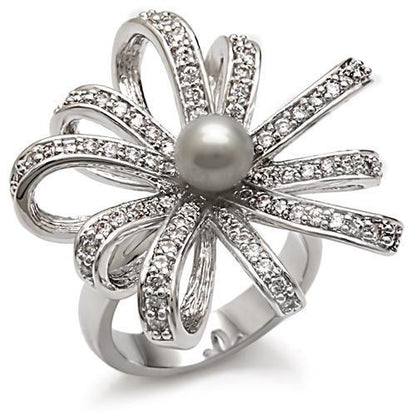 MA1W093 - Rhodium Brass Ring with Synthetic Pearl in Gray