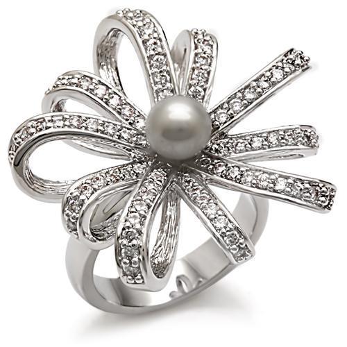 MA1W093 - Rhodium Brass Ring with Synthetic Pearl in Gray