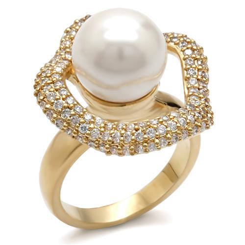 MA1W103 - Gold Brass Ring with Synthetic Pearl in White