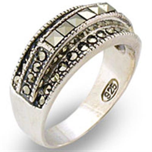 MA31011 - Antique Tone 925 Sterling Silver Ring with Semi-Precious Marcasite in Jet