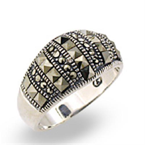 MA32306 - Antique Tone 925 Sterling Silver Ring with Semi-Precious Marcasite in Jet