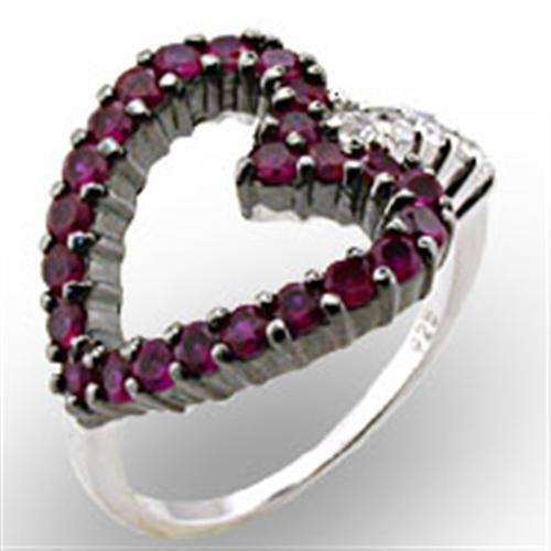 MA32511 - Rhodium + Ruthenium 925 Sterling Silver Ring with Synthetic Garnet in Ruby