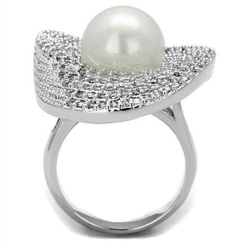 MA3W1082 - Rhodium Brass Ring with Synthetic Pearl in White