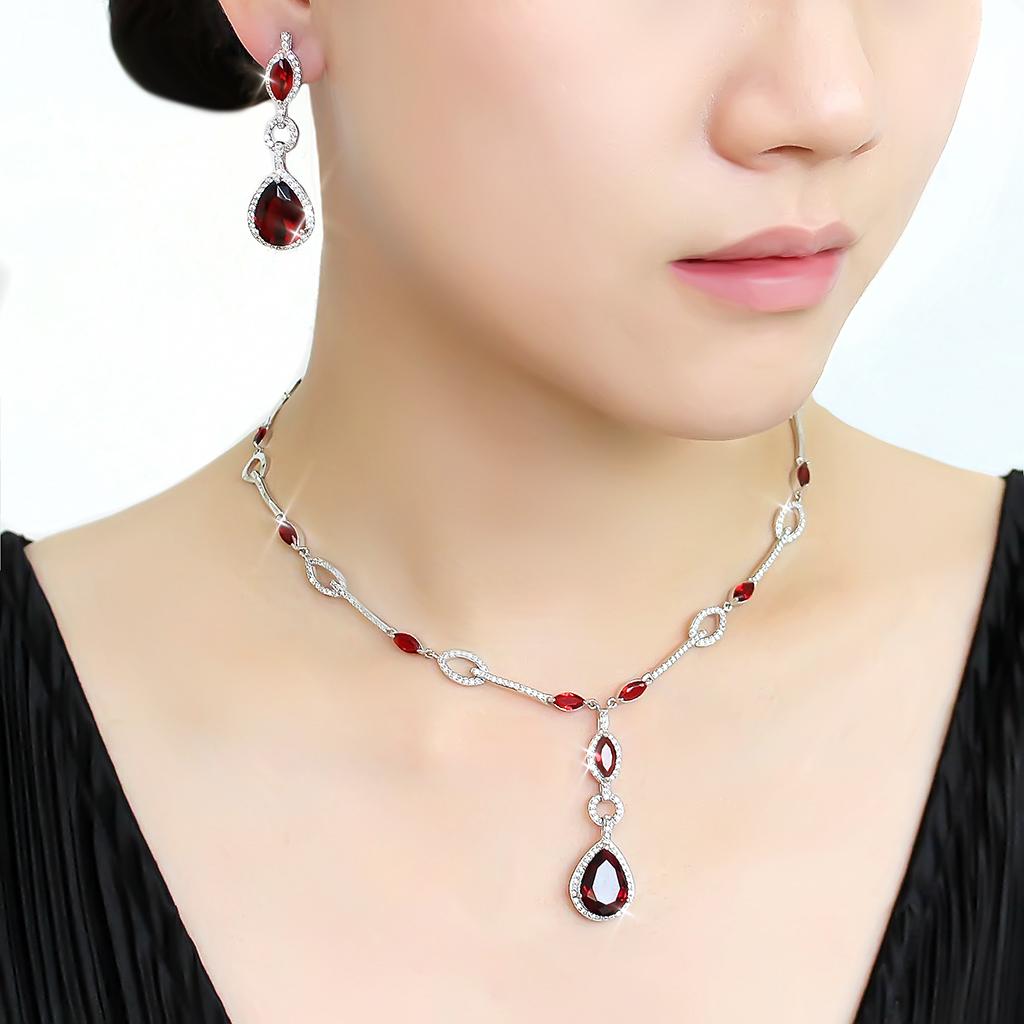 MA3W1423 - Rhodium Brass Jewelry Sets with Synthetic Synthetic Glass in Garnet