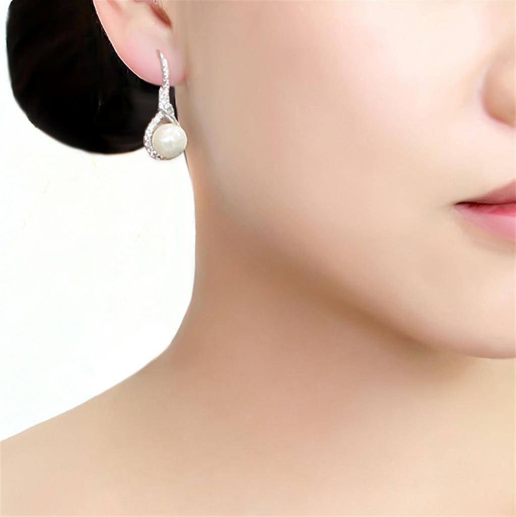 MA3W1478 - Rhodium Brass Earrings with Synthetic Pearl in White