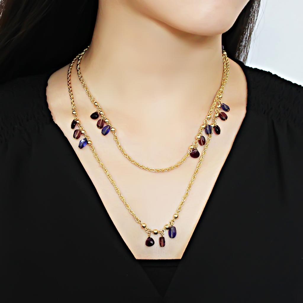 MA3W1538 - Gold Brass Necklace with Semi-Precious Amethyst Crystal in Amethyst