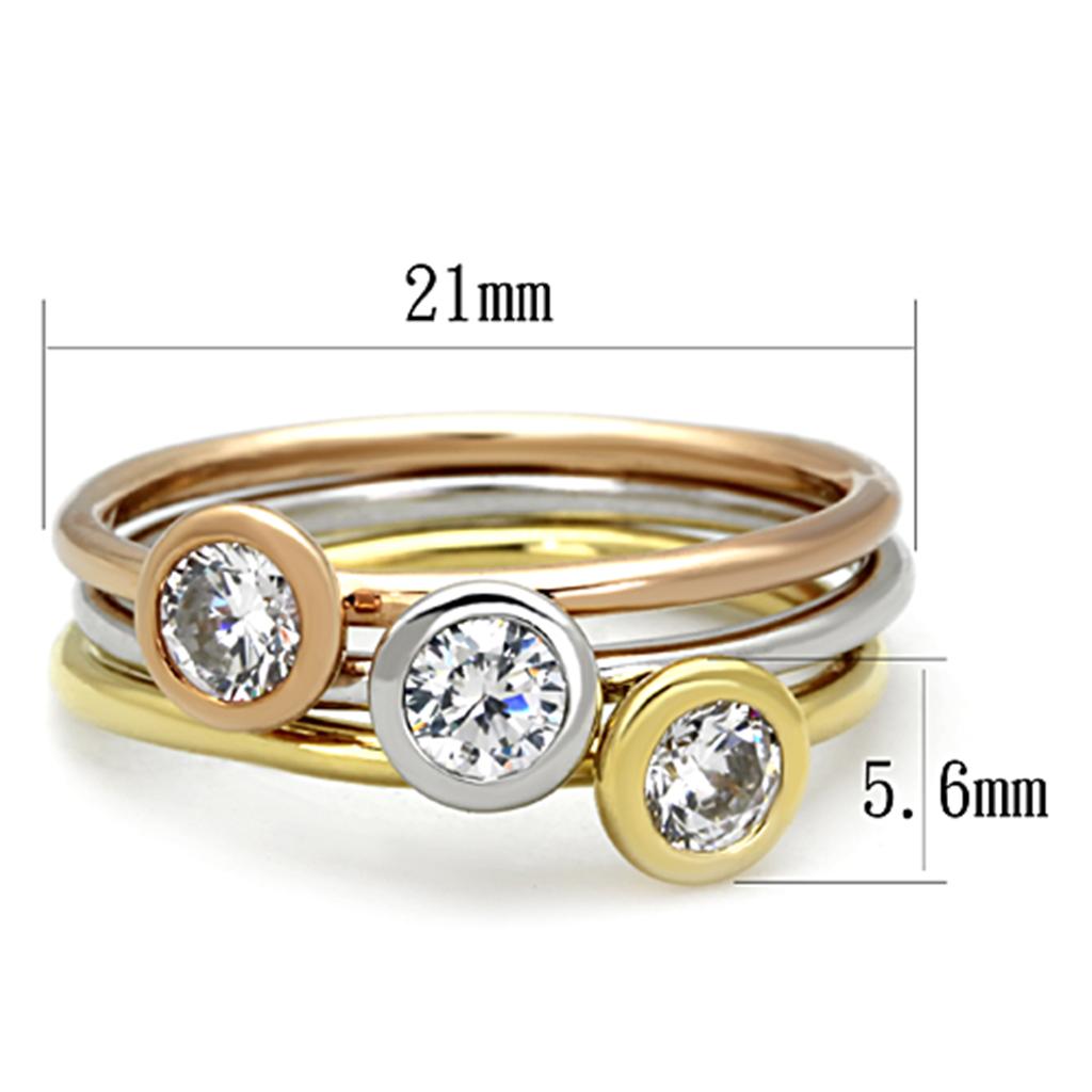MA3W804 - Rhodium + Gold + Rose Gold Brass Ring with AAA Grade CZ  in Clear
