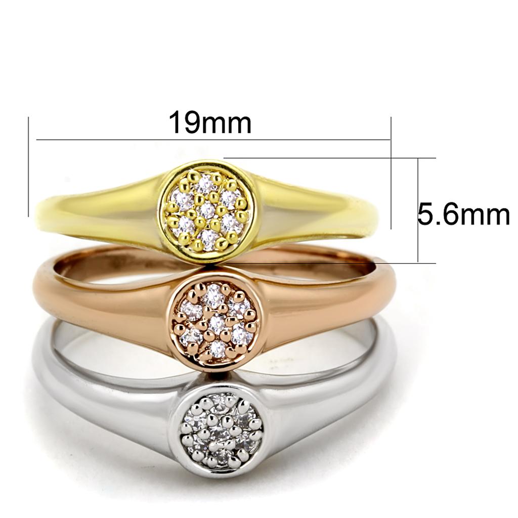 MA3W862 - Rhodium + Gold + Rose Gold Brass Ring with AAA Grade CZ  in Clear