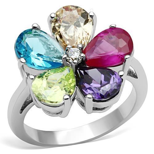 MAJessyca Cocktail Ring - Rhodium Brass, AAA CZ , Multi Color - 3W045
